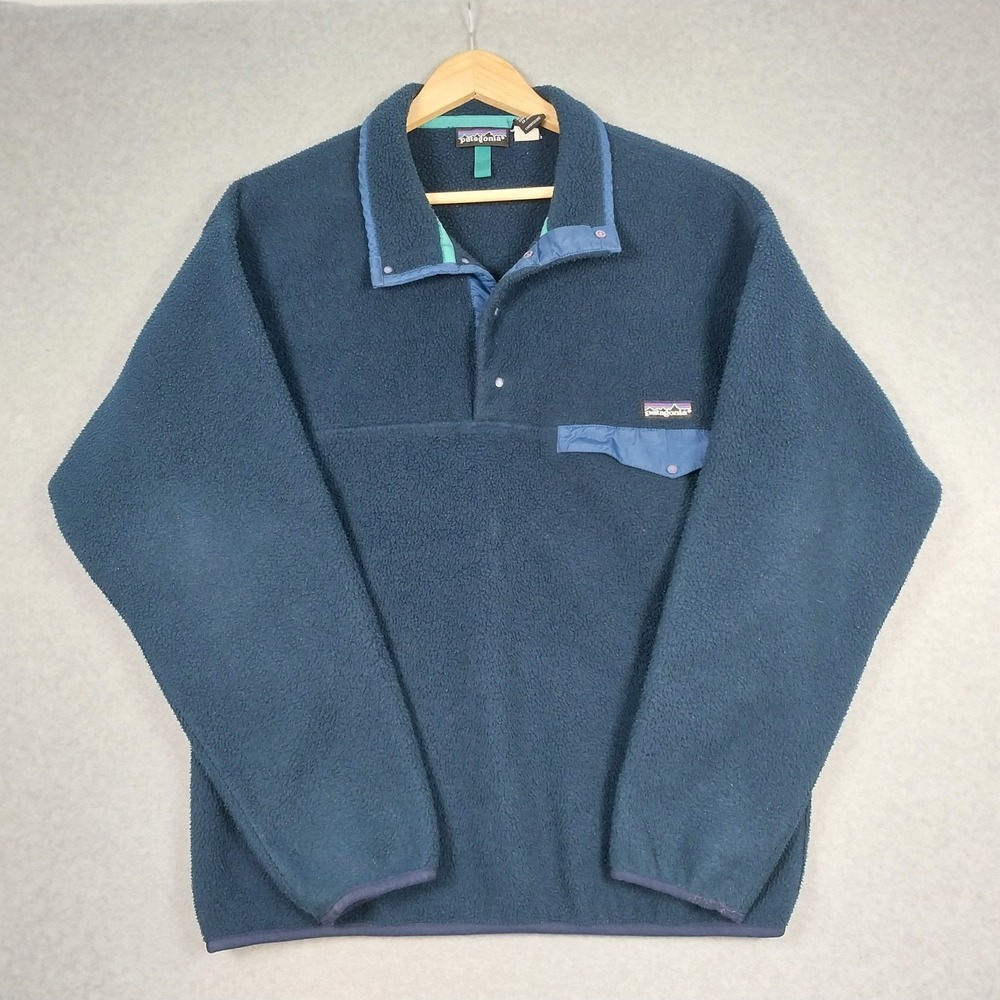 Vintage Patagonia Synchilla Womens Medium Blue Snap T Pullover Fleece Hiking 90s